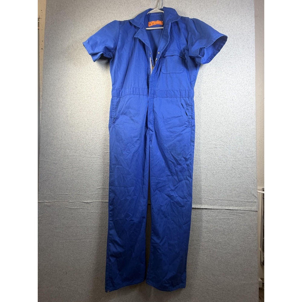 Vintage Durable Press Coveralls Mens 42RG Blue Short Sleeve Work Jumpsuit USA